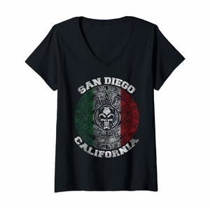 Womens San Diego Aztec Calendar Mayan Skull. Mexico Pride Symbol V-Neck T-Shirt
